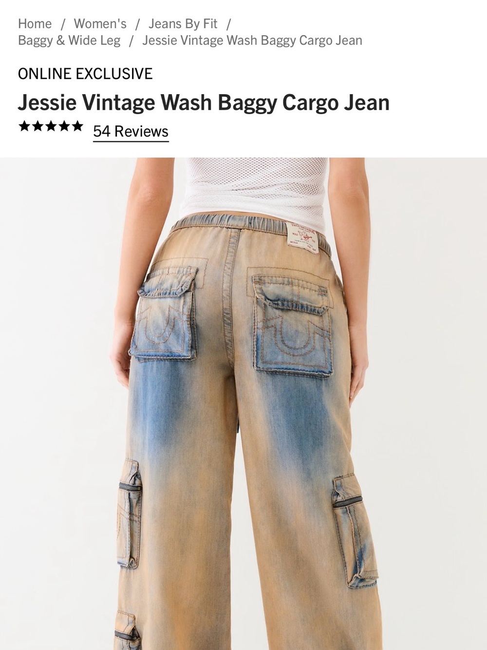 True Religion Jessie Vintage Wash Wide Leg Cargo Jeans - Blue/Tan